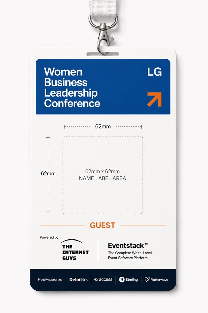 A branded event badge produced by TIG's white-label registration and badging platform